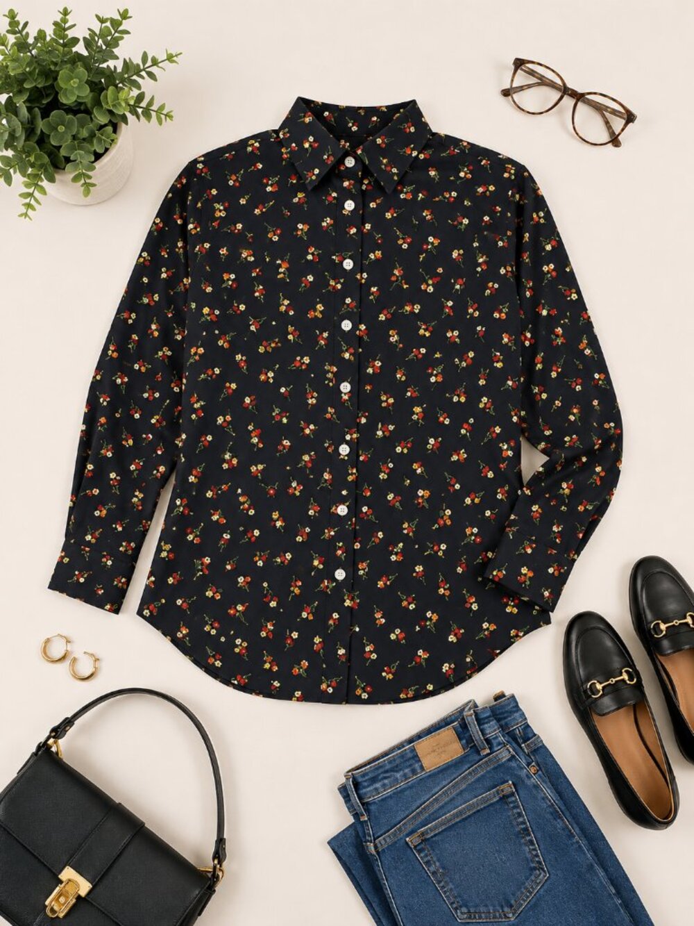 Lands’ End 16 No Iron Supima Cotton Black Ditsy Floral Button Down Shirt